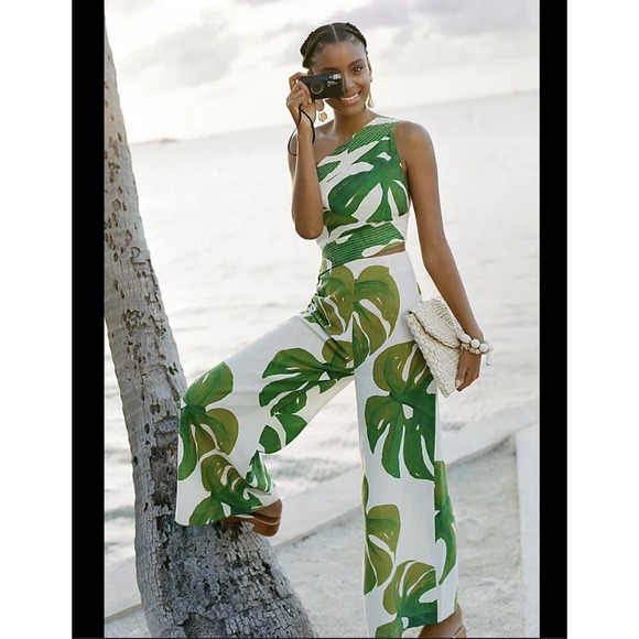 FARM Rio Pants - Farm Rio Monstera One shoulder Jumpsuit Green White Palm Leaves Tropical M